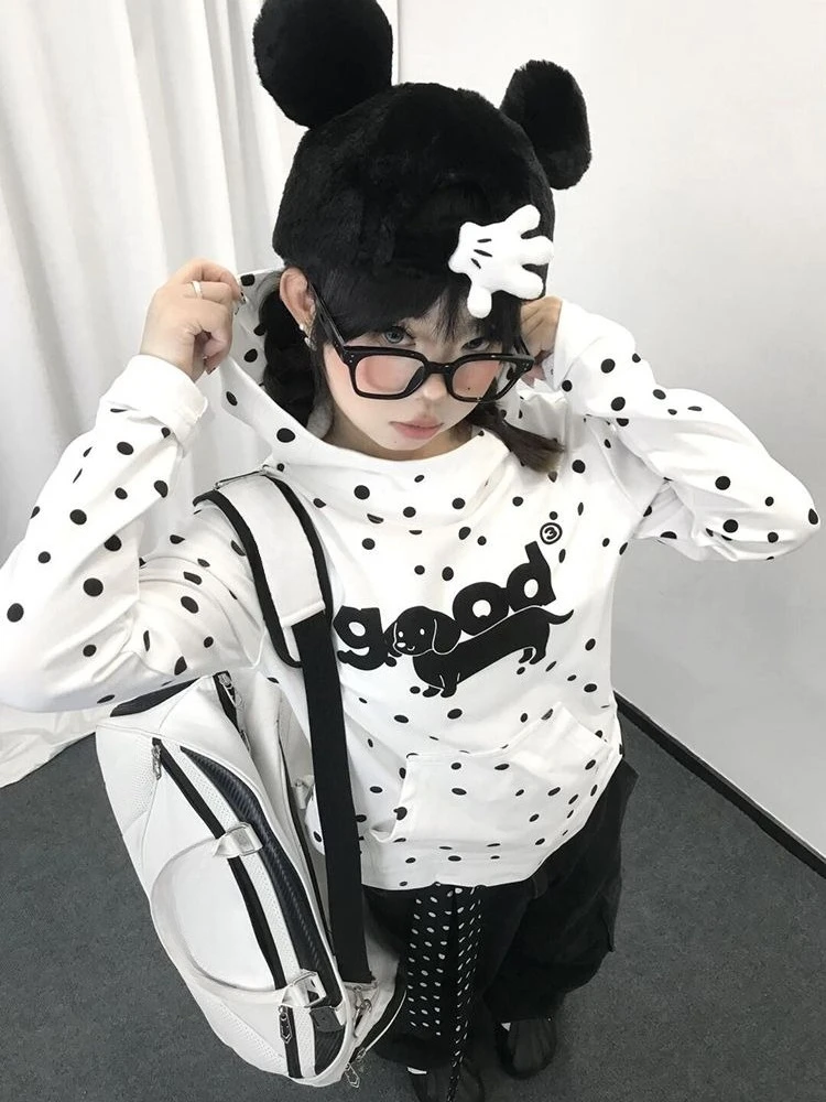 American Cute Polka Dot Slim Hooded Sausage Puppy Print Elegant Sweatshirt Women Autumn New Y2k Design Casual Slim Tops 2025 New