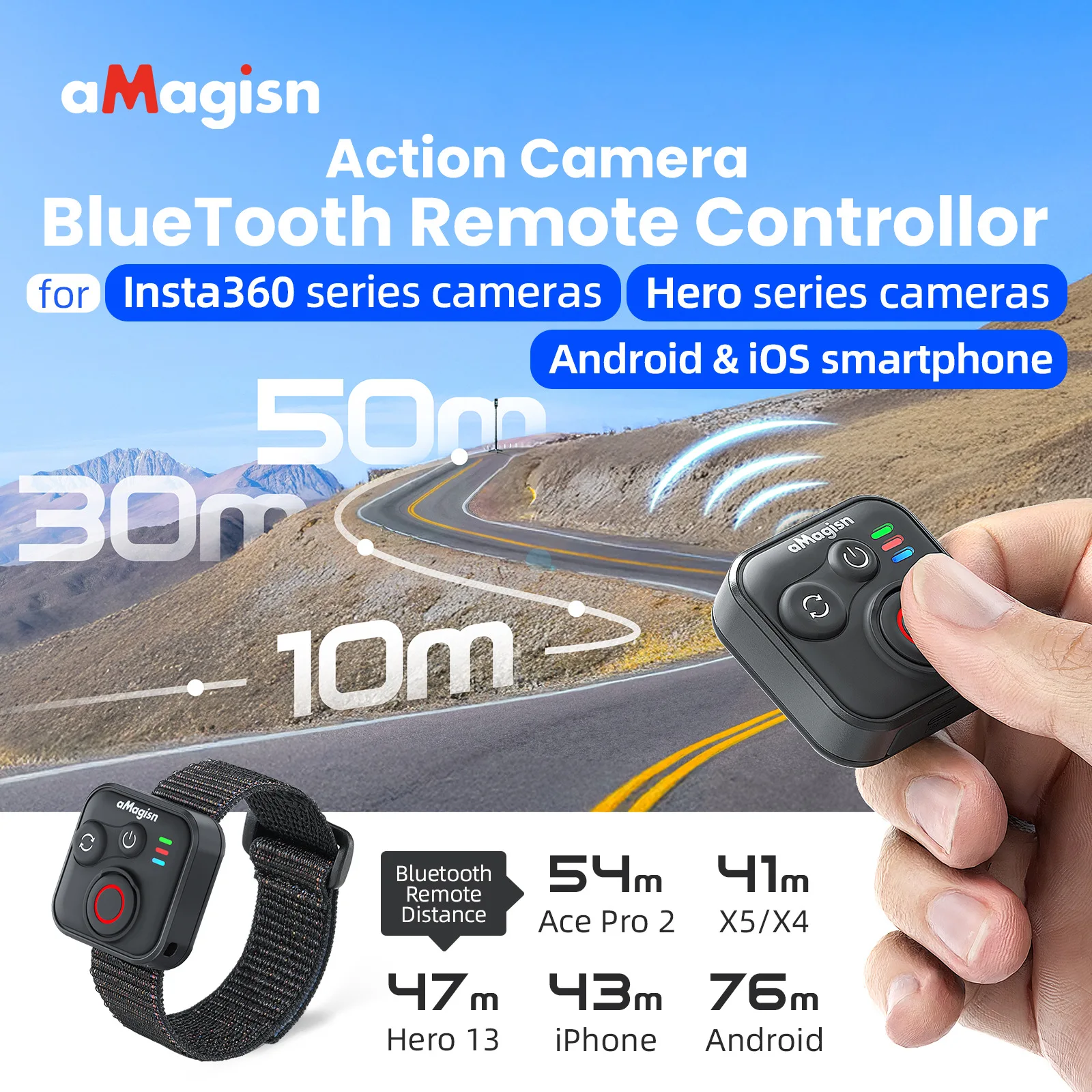 AMagisn Bluetooth-Auslöser für Action-Kameras, 50m Reichweite & 96 Stunden Akkulaufzeit, Fernbedienung für GoPro Insta360 Zubehör – Detail 1