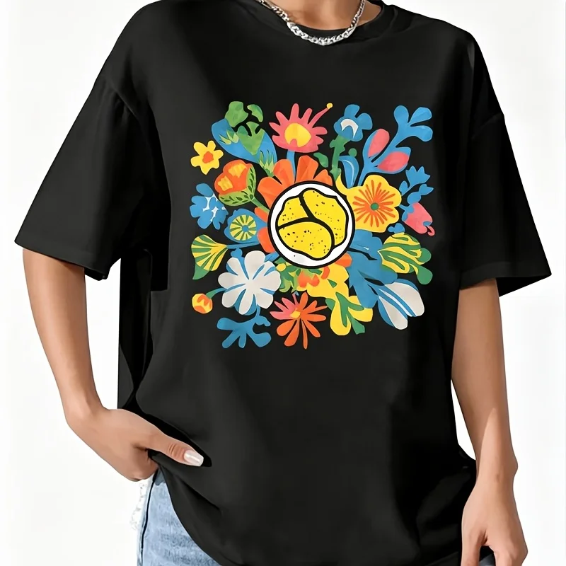 Wonderful Retro Flowers Retro Simple Style Women's 100% Cotton T-Shirt Fun Print Short Sleeve Top Casual Round Neck Tee S-5Xl