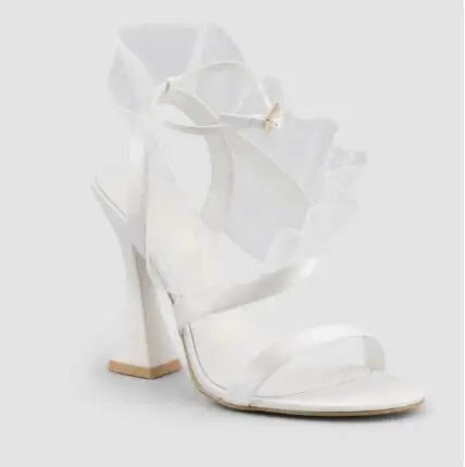 White Red Mesh Ruffle Decor Flared Heel Sandals Women Summer Open Toe Ankle Strap Buckle Elegant Party Dress High Heels Shoes