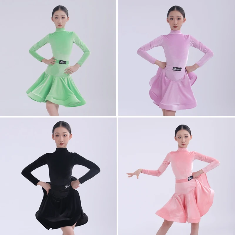 

Kid's Professional Latin Dance Clothes High Neck Velvent Samba Dance Performance Set Girls Rumba Dance Competition Dress XH1944