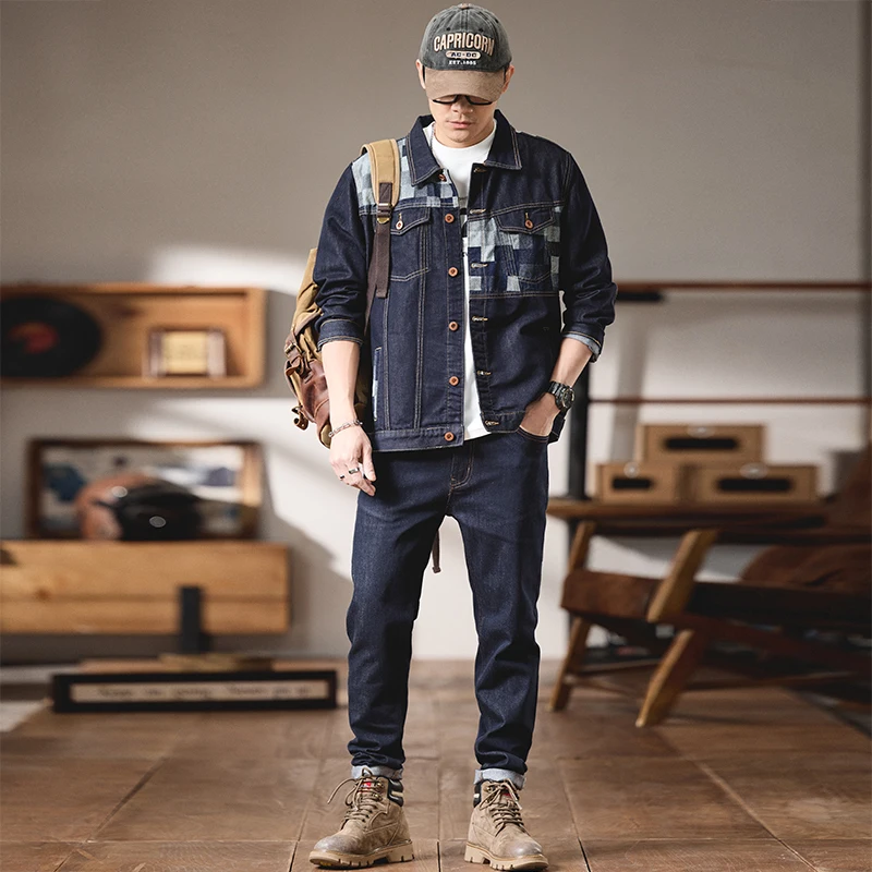 

High quality European and American casual denim jacket men's retro loose jacket workwear set suits for men clothes