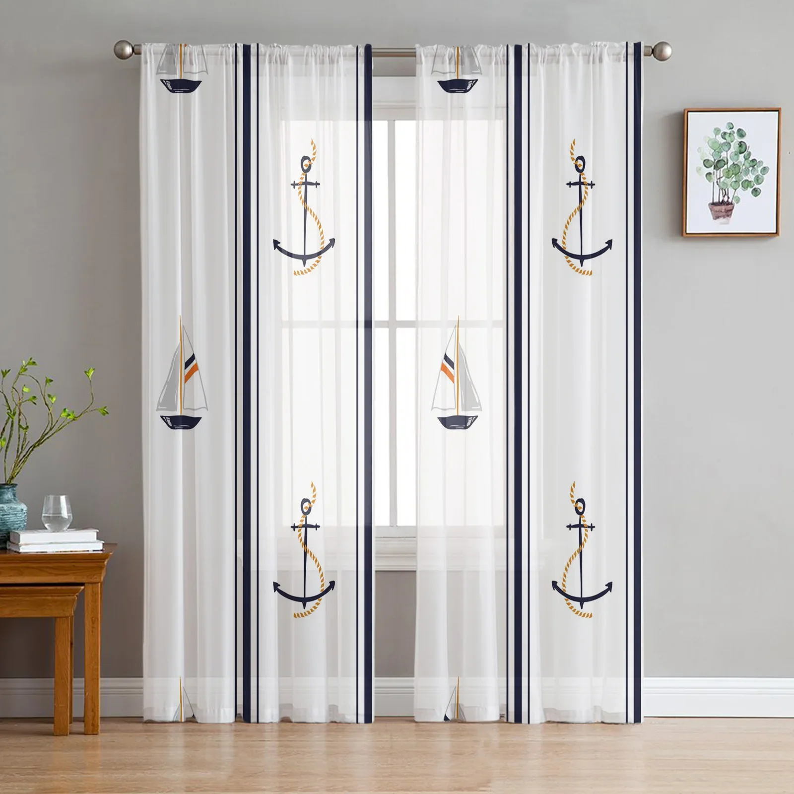 Boat Anchor Stripes Rectangle White Tulle Sheer Window Curtains for Living Room the Bedroom Voile Decorative Curtains Drapes