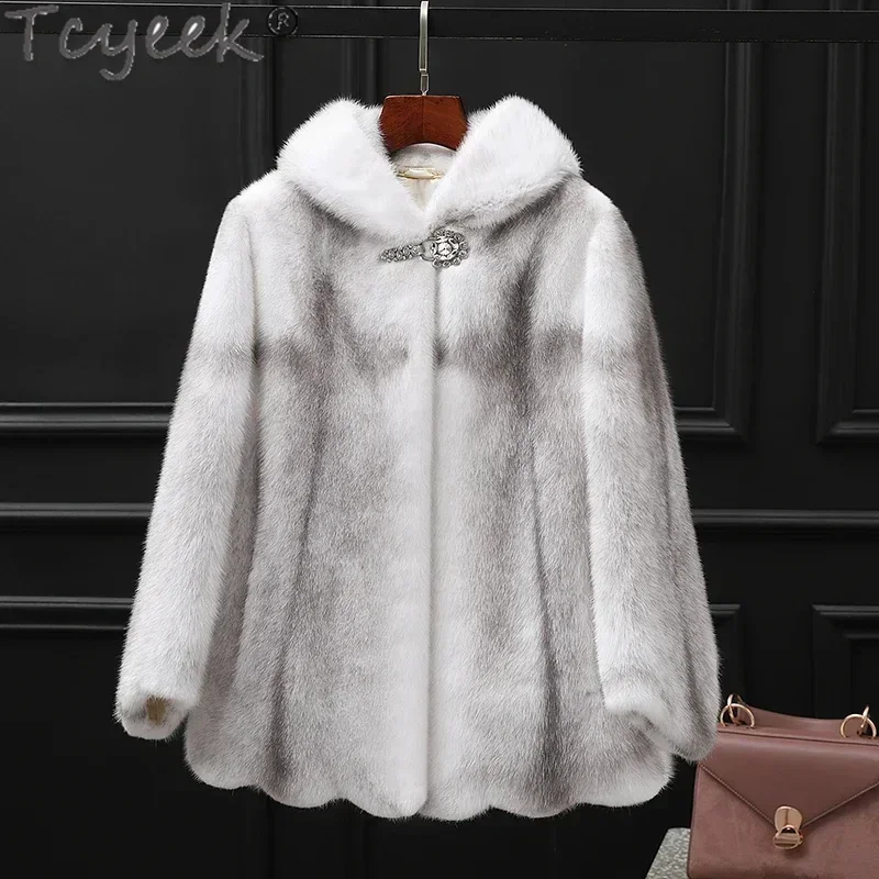 Tcyeek Real Mink Fur Coat Women Clothes Warm Winter Women's Fur Jackets Hooded Natural Whole Mink Fur Overcoat Casaco Feminino