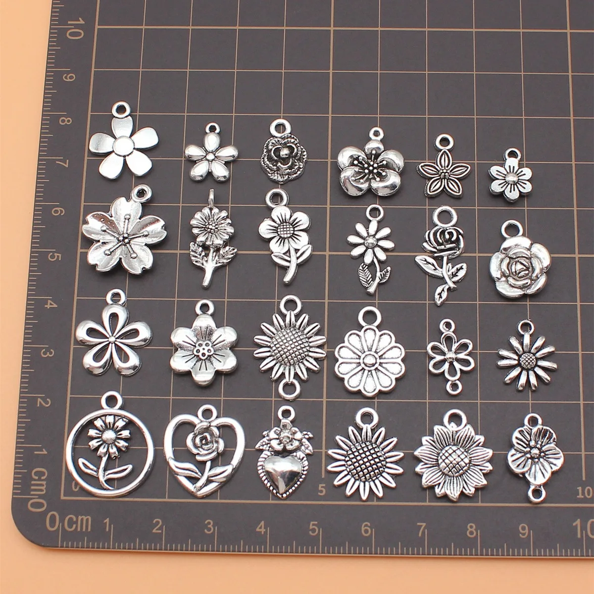 24pcs Antique Silver Color Flower Charms Collection For DIY Jewelry Making, 24 Styles, 1 of Each