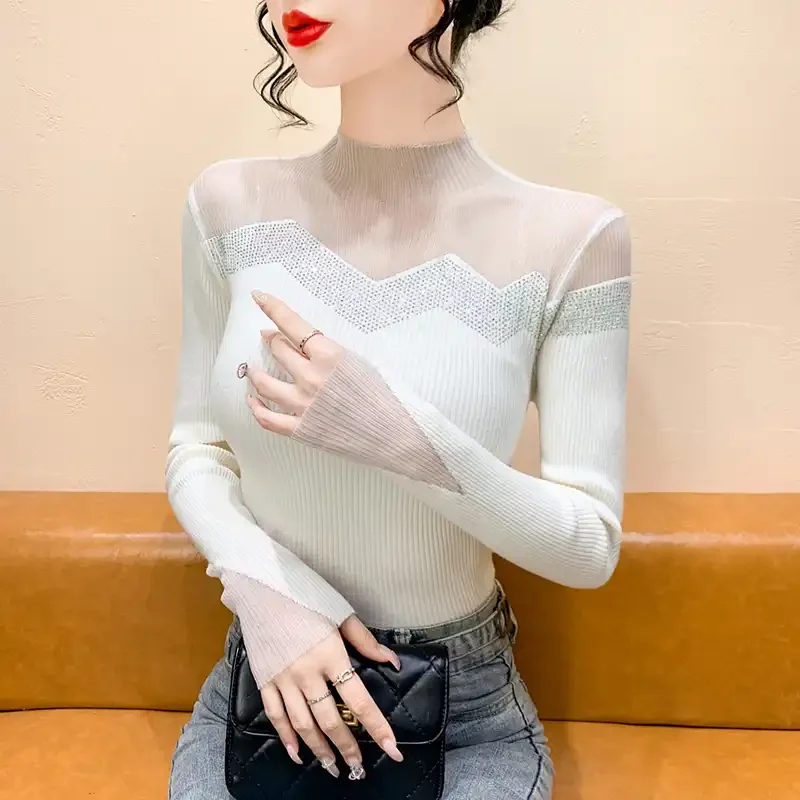 Nuova moda autunno inverno versatile dimagrante elegante top in maglia a maniche lunghe per donne alla moda