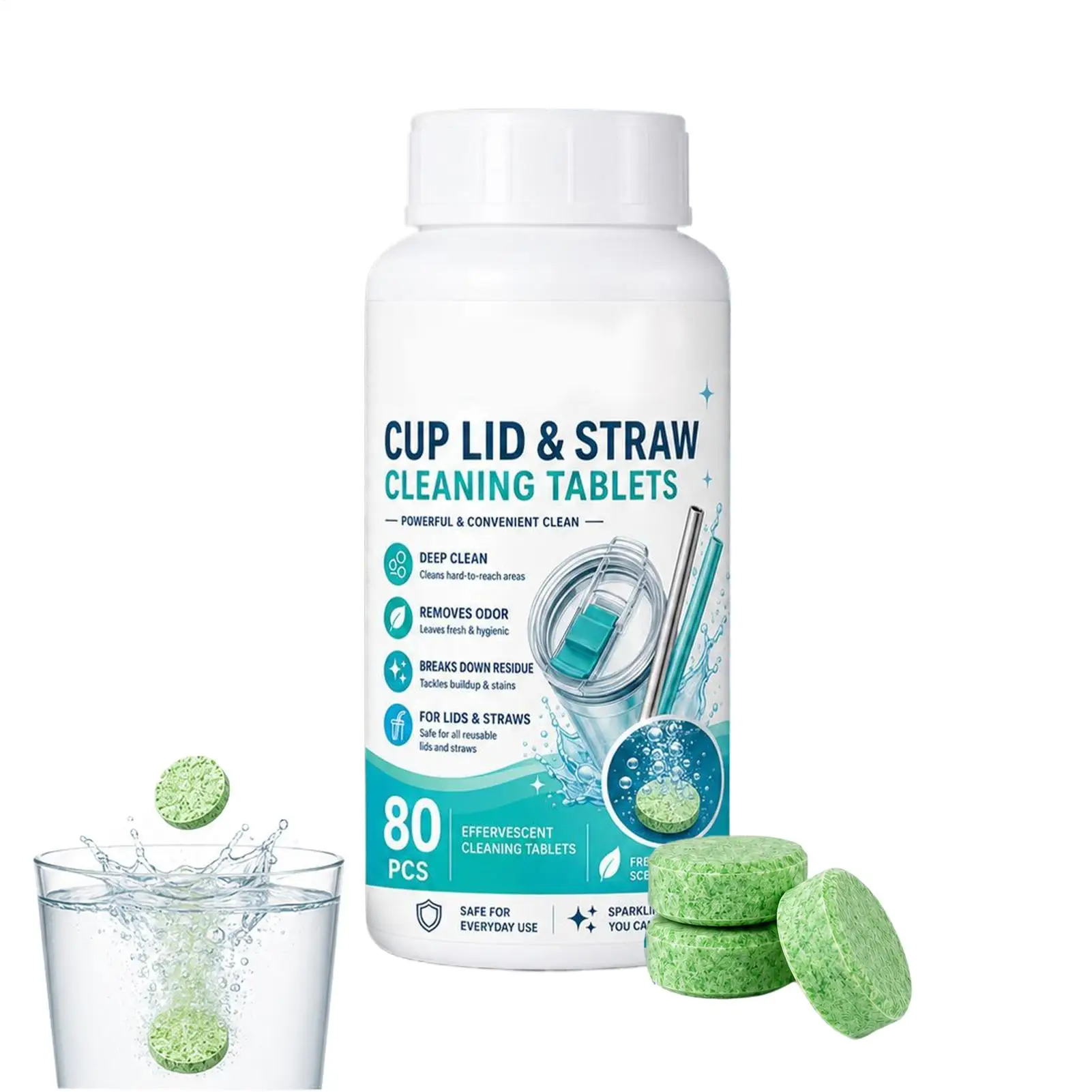 Water Bottle Lid Cleaning Tablets 80 Counts Straw Effervescent Care Tablets Straw Odor Stain Cleaner for Home Travel Kitchen