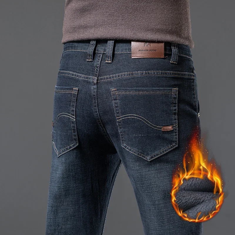 겨울 신상 브랜드 클래식 비즈니스웨어 남성 데님 블랙 블루 진 플리스 두꺼운 따뜻한 핏 스트레이트 하이웨이스트 스트레치 바지