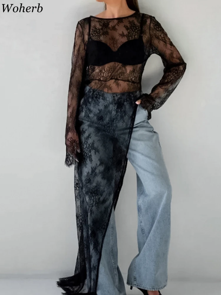 

2025 Vestidos De Mujer Dress Women Clothes Lace See Through Hollow Out Flower Robe Femme Fashion Irregular Split Sexy Dresses