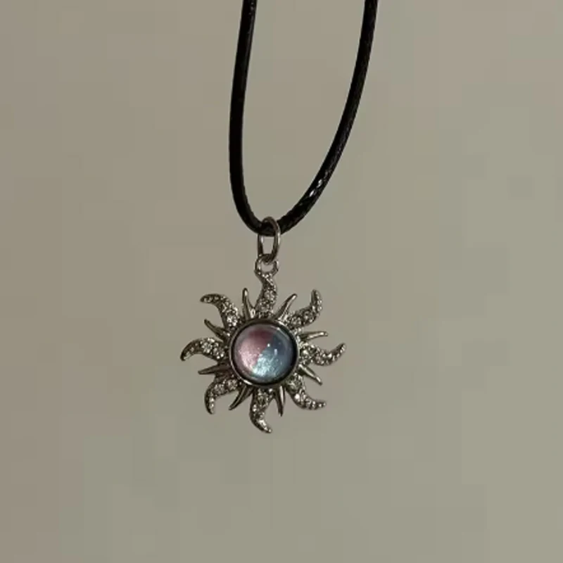 Y2K Gothic Sun Moon Cross Pendant Necklace Set Silver Tone Star Charm Black Cord Necklaces for Women E-girl Streetwear