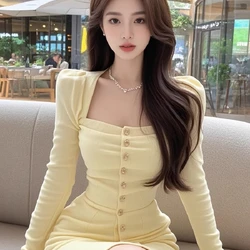 우아한 긴소매 스퀘어 칼라 싱글 버튼 드레스 여성 고급 슬리밍 하이웨이스트 A라인 스커트 폴리에스터 섬유 가을 겨울