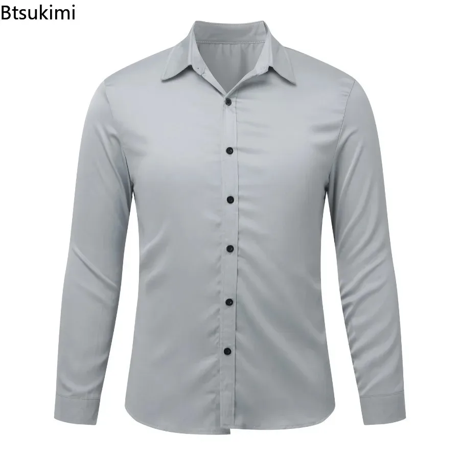 الراقية الرجال قمصان الساتان تمتد حريري السلس الأعمال فستان نحيل قمصان الصلبة طويلة الأكمام الملابس الرسمية الكلاسيكية الذكور القمصان