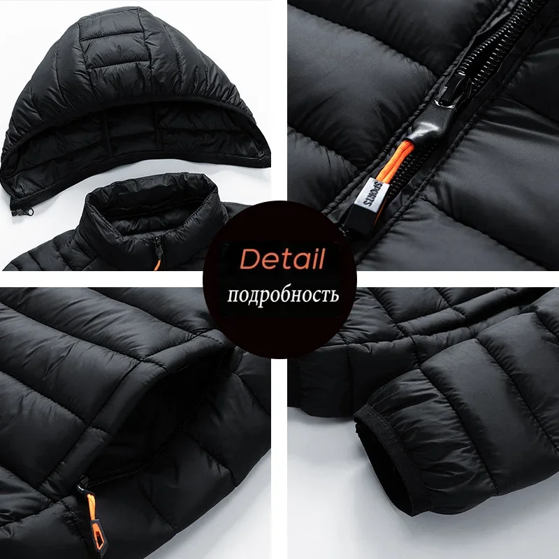 2024 New Men\'s Lightweight Padded Jackets Autumn Spring Warm Demi-season Hooded Zip-up Parka Black Big Size Coat Male Outerwear