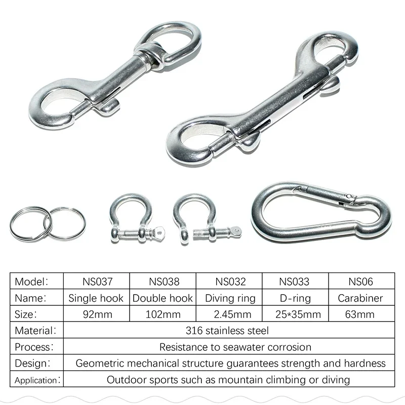 316 Stainless Steel Double Ended Bolt Snap Hook D Snap Key Ring Carabiner Holder Singel Hooks Diving outdoor safety accessory