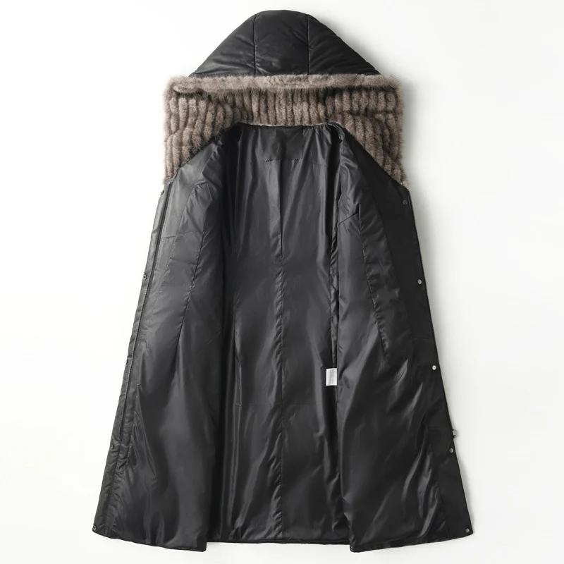 Manteau en duvet de canard blanc avec capuche en fourrure de vison pour femme, veste en cuir véritable, peau de mouton véritable, 100% duvet long, hiver