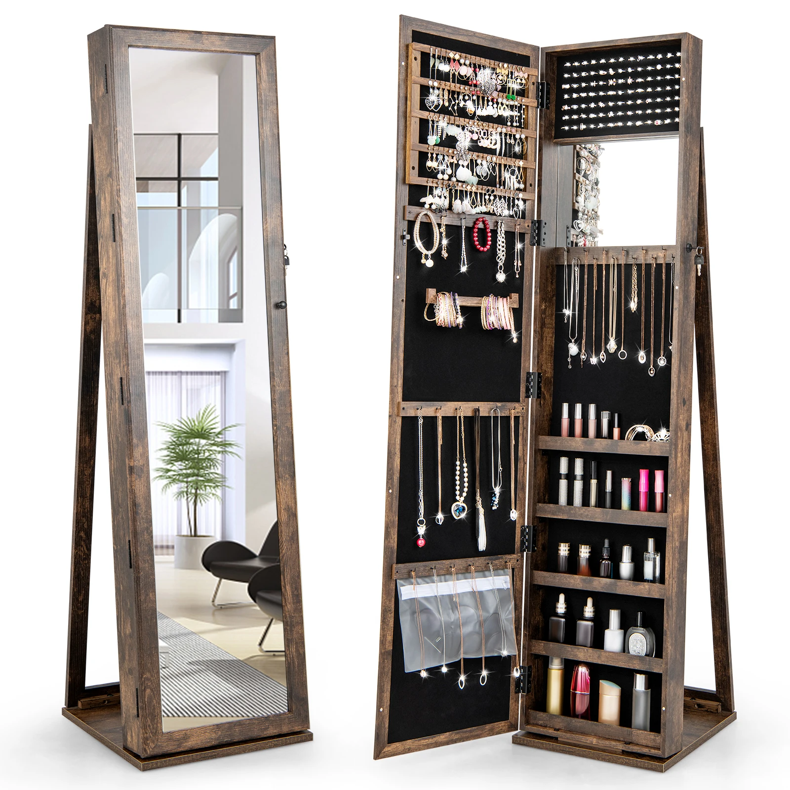 

Mirrored Jewelry Cabinet Armoire Lockable Standing Storage Organizer W/ Shelf