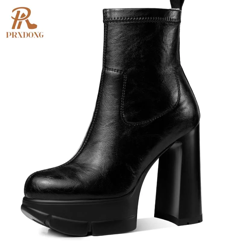 PRXDONG Women\'s Shoes 2024 Brand Genuine Leather Chunky High Heels Platform Black Brown Zipper Dress Party Ankle Boots Size 39