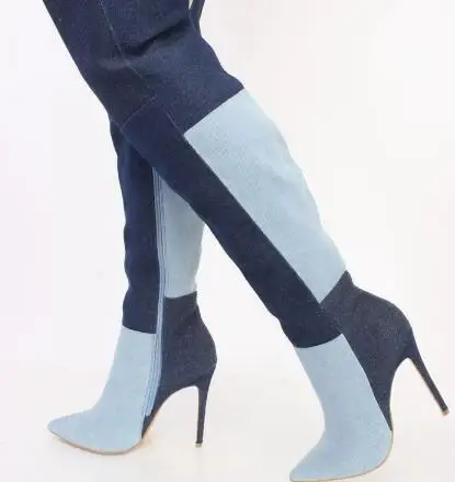 Blue Two‑Tone Denim Over The Knee Boots Women Color Block Spliced Pointed Toe Thin Heels Turn‑Down Cuff Fashion Party Long Boots