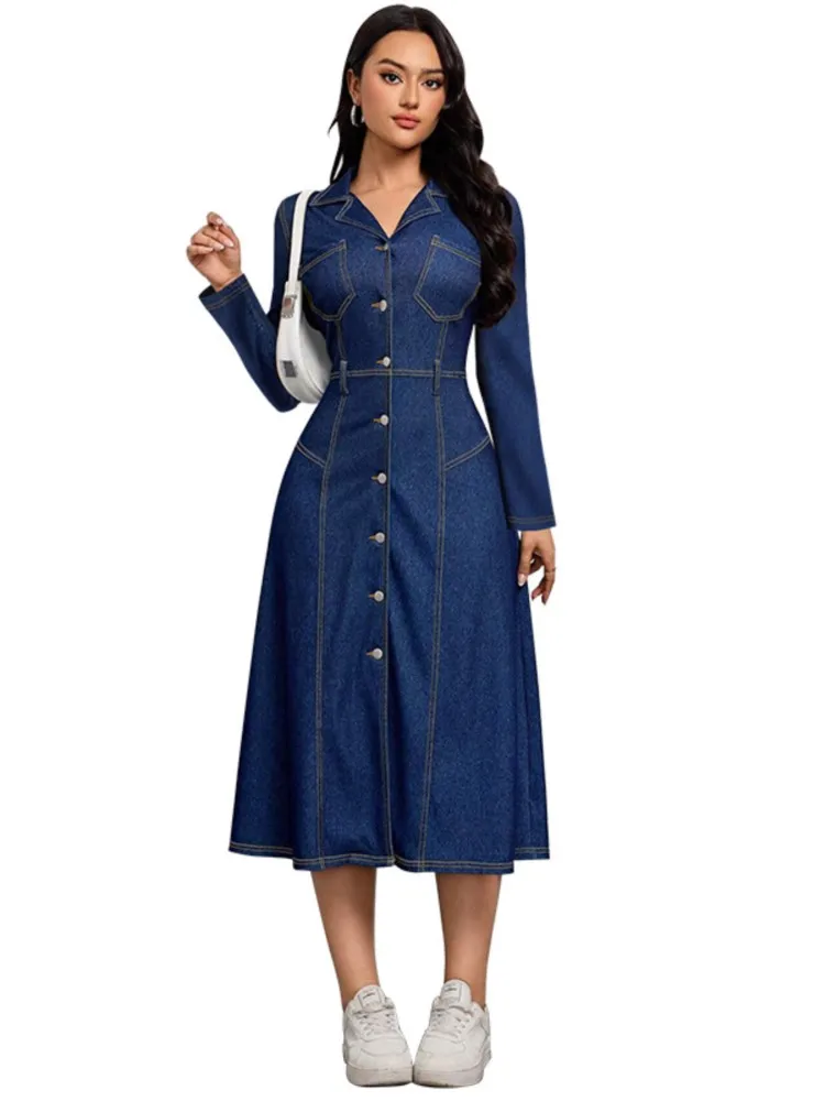 Denim Autumn Shirts Dress Women Slim High Waist Retro Fashion Ladies Shirts Dresses Ruffle Pleated Woman Dress