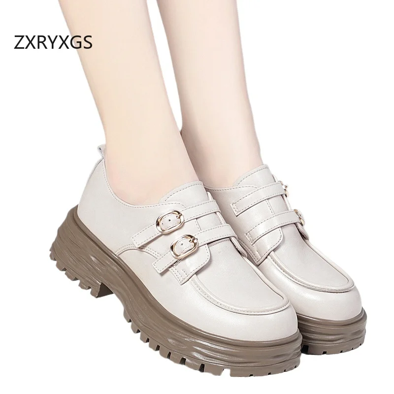 ZXRYXGS British Genuine Leather Shoes Thick Sole Non-slip Heightening Shoes Woman High Heels 2024 Elegant Comfort Loafers Shoes