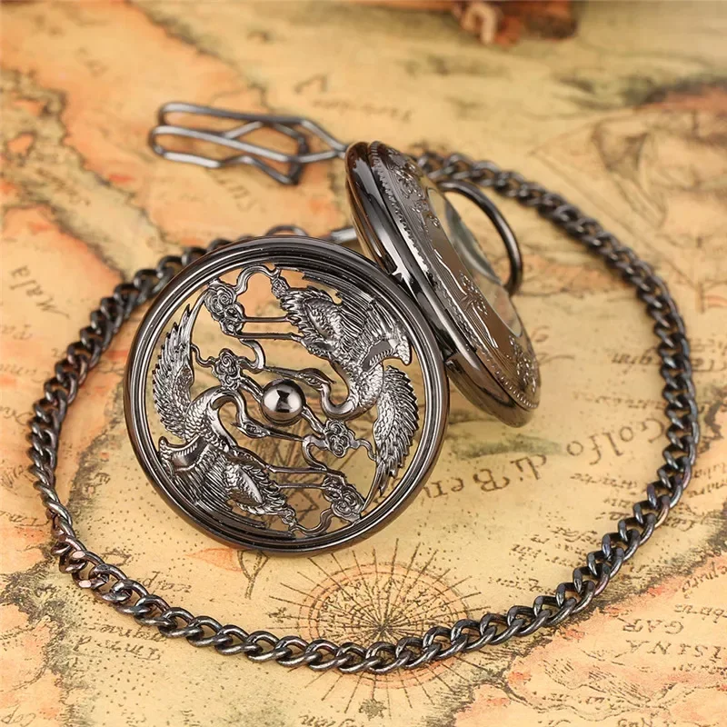 Retro Hollow Cranes Men Women Hand-winding Mechanical Pocket Watch Skeleton Clock Roman Numbers Watches Pendant Chain Reloj Gift
