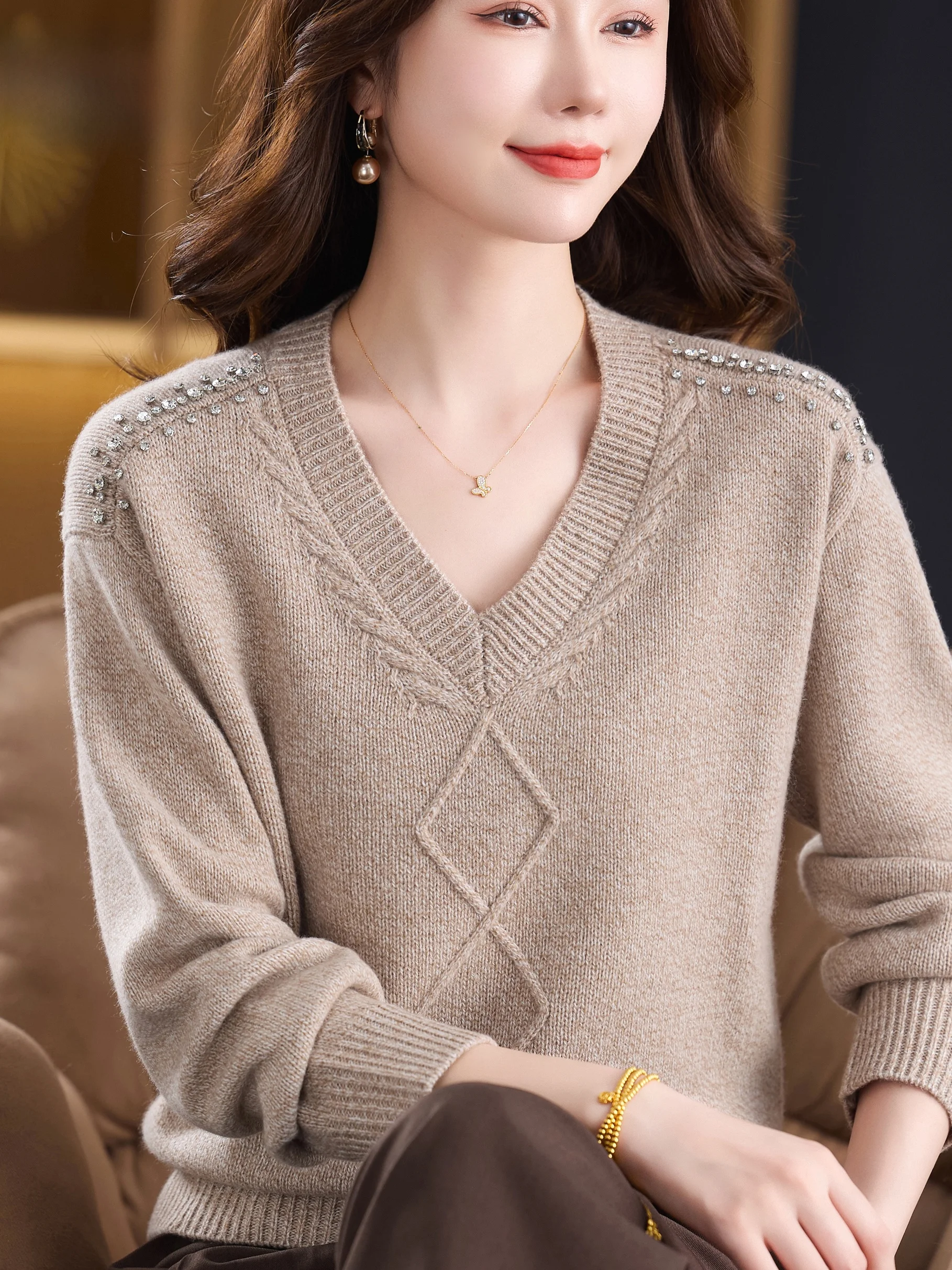 

Осень-зима женская трикотажная чистая шерсть V-Ne свободная утягивающая основа irt Faionable Materni повседневная дышащая Thiened