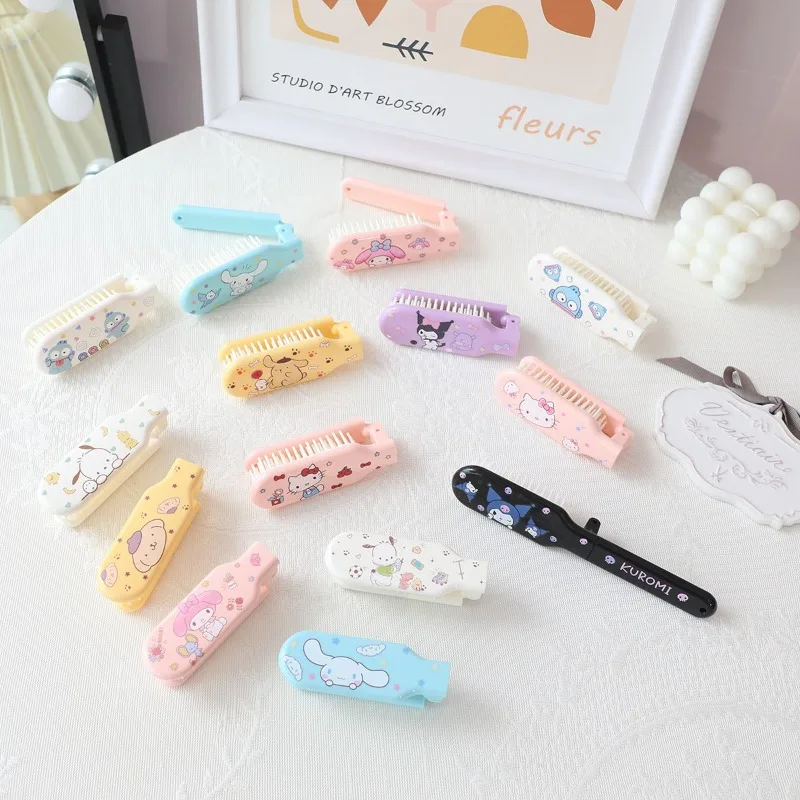 

New Sanrio Anime Cartoon Cute Hellokitty Kuromi Cinnamorol Mymelody Foldable Comb Portable Women Travel Massage Hairbrush Gift