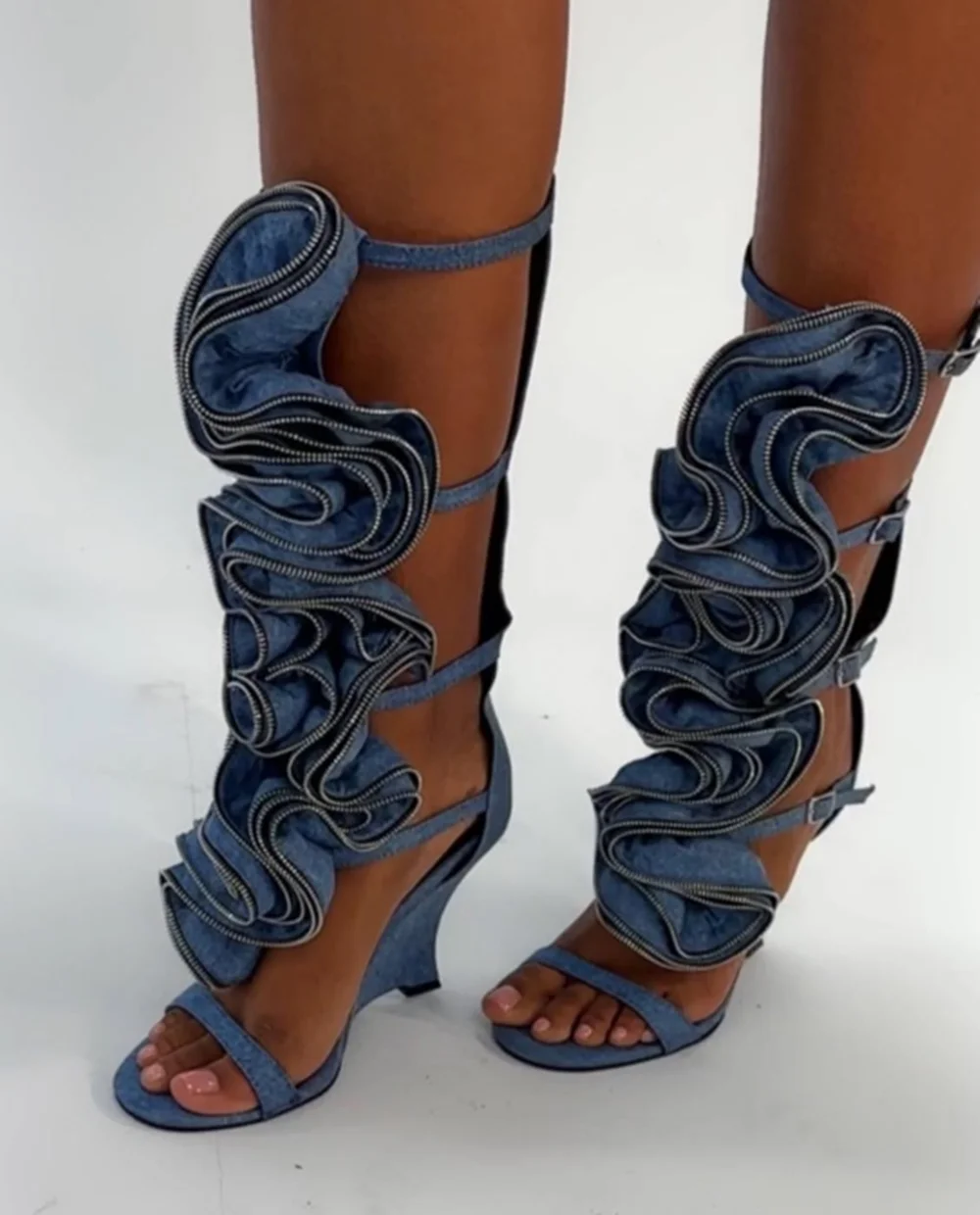 Denim Light Blue Open Toe Wedge Sandals Oversized Zipper Ruffle Decor Multi Adjustable Ankle Buckle Straps Fashion Cool Style view 2
