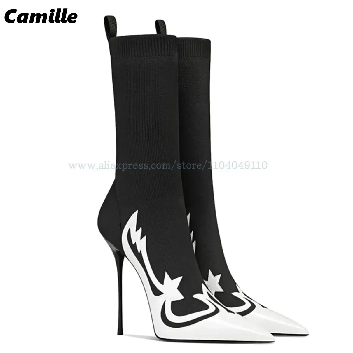 

Black&White knitted Splice Patent Leather Stretch Boots Autumn New Fashion Catwalk Style Modren Boots Pointed Toe Sexy High Heel