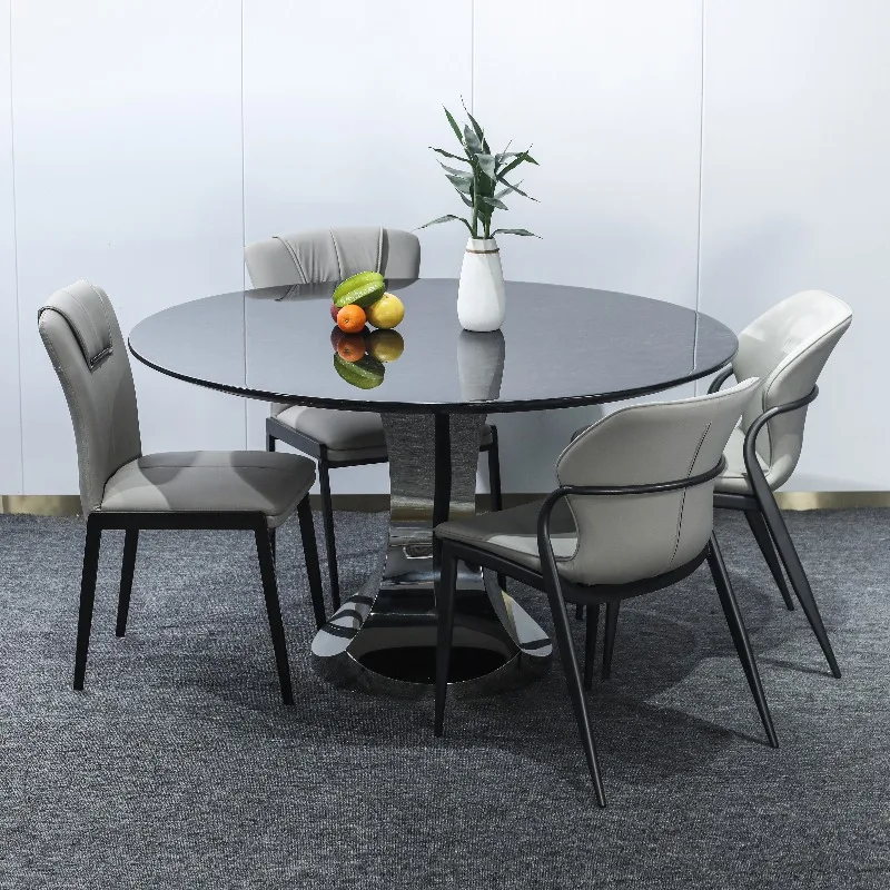 

# Dining Room Furniture European Style Round Black Marble Table With Silver Stainless Steel Frame Table