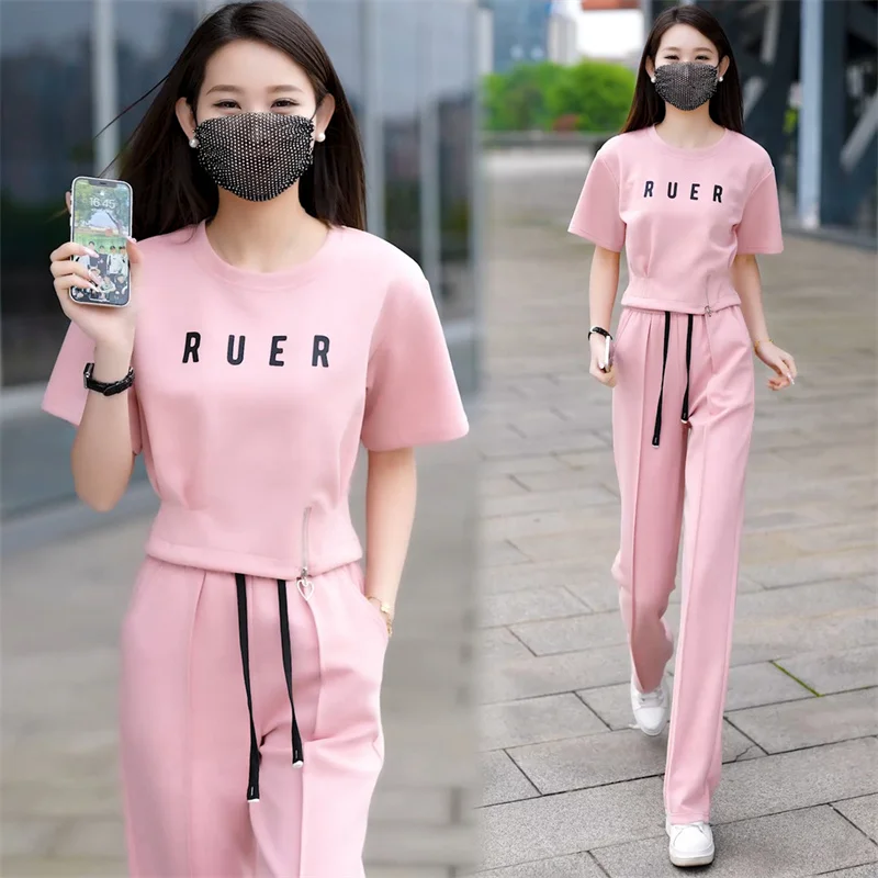 Faionable Sportswear Set Women's 2025 Summer New Korean Design Waist-Cinching Top Wide Leg Pants Two-Piece Set