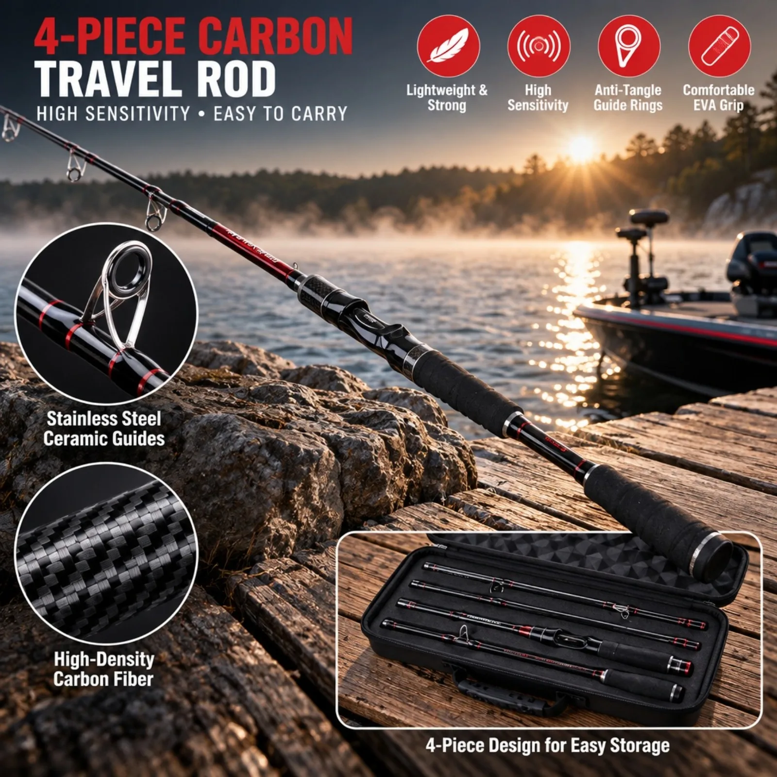 Goture Carbon Travel Casting Rod Baitcasting Reel Combo,4-Piece Rod Reel Full Tackle Package with Waterproof Carry Bag