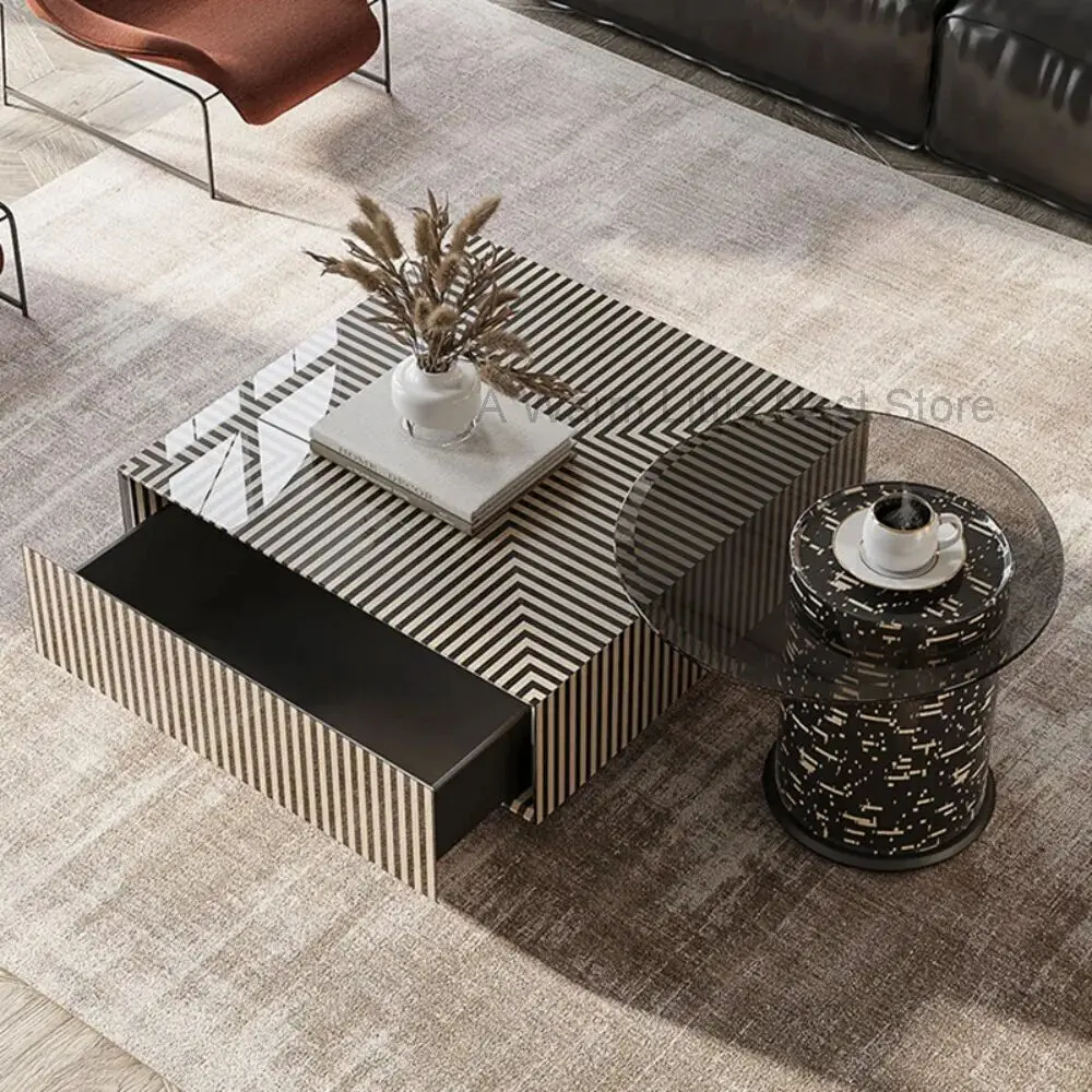 

Square Low Coffee Tables Storage Drawers Light Luxury Creative Coffee Table Unique Simple Organizer Table Basse Home Furniture