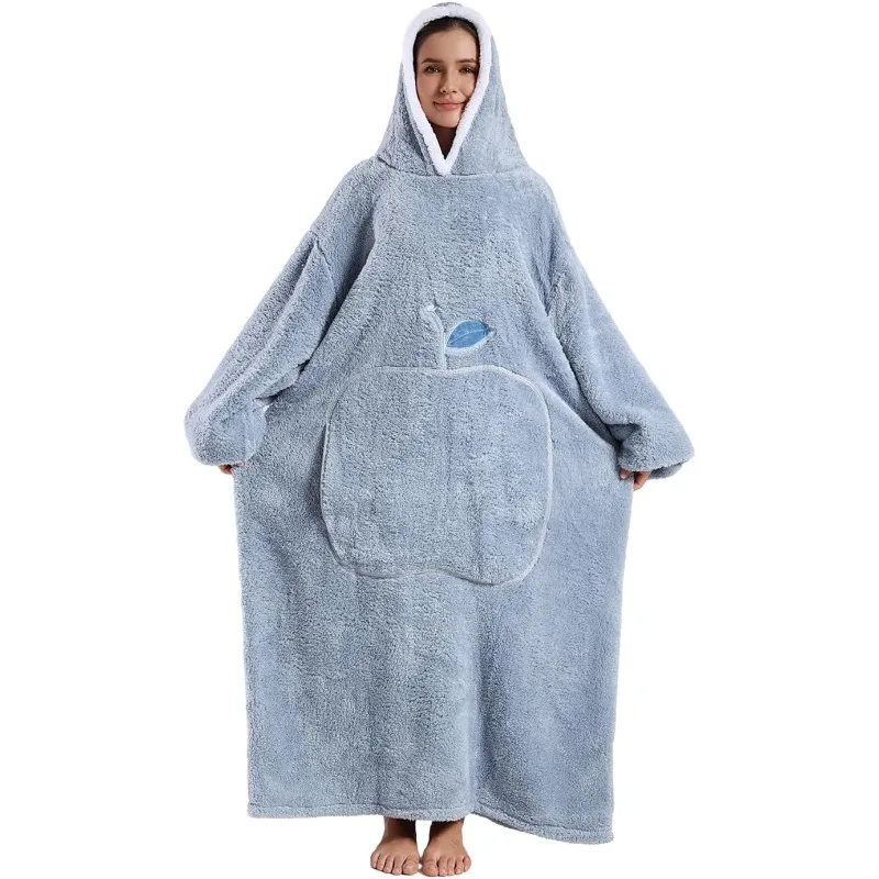 Extra Long Wearable Winter Flannel Hooded Blanket with Full Sleeves Warmth-Locking Cozy Throw for Men Women Adult TV & Winter