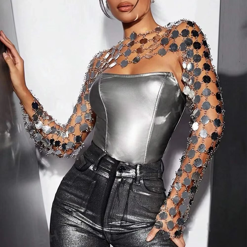 Women'S Sequined Long Sleeved Top, Solid Color Metal, Gorgeous Music Festival, Club Party, Date Night, Sparkling Covered Top