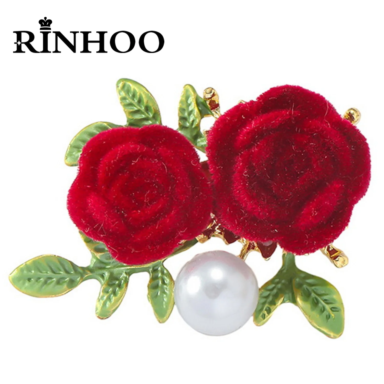 Rinhoo Red Color Flannel Rose Flower Brooches Pins For Women Green Leaf Imitation Pearl Floral Lapel Badge Plant Corsage Jewelry