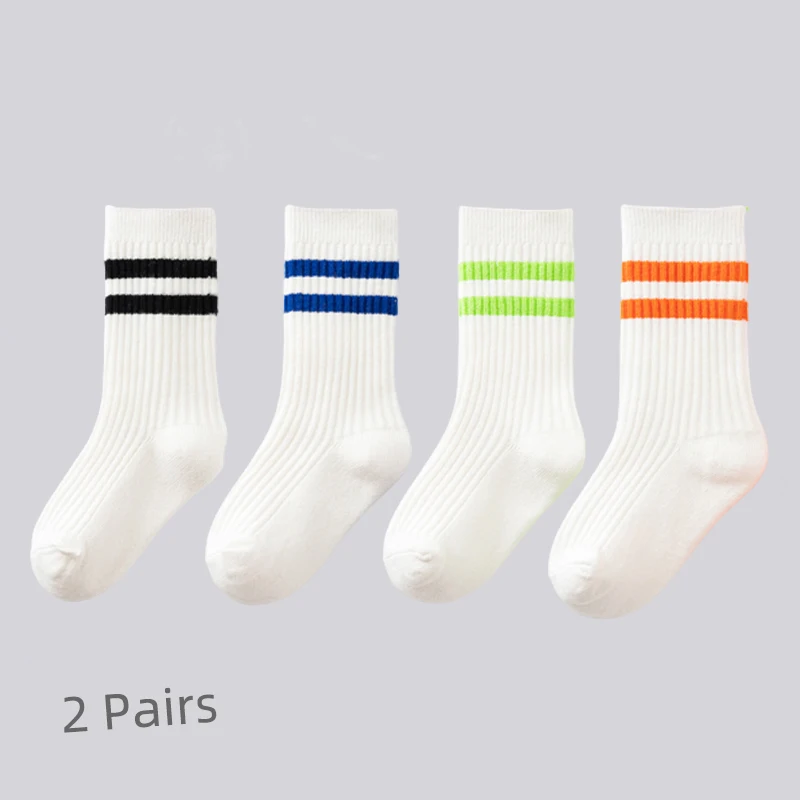 Children's Mid Length Socks Spring Autumn Thin Striped Two Bar White Cotton Socks Boys and Girls Elementary School Uniform Socks