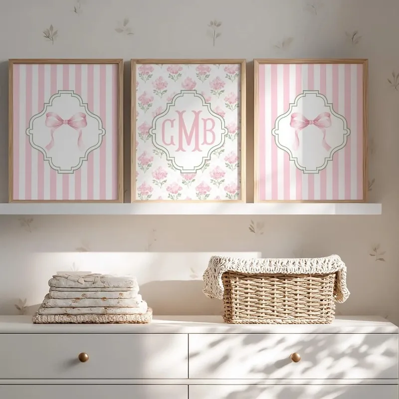 3pcs Pink Bow Monogram Gallery Wall Art Prints Watercolor Floral Striped Coquette Custom Initial Girl Nursery Unframed Canvas