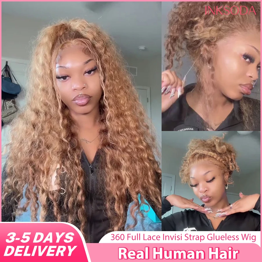 

Глубокий волнистый фронтальный парик 360 Invisi Strap Highlight Wig Полный кружевной вьющийся парик из человеческих волос для женщин Плотность 220 Водяная волна Кружева спереди