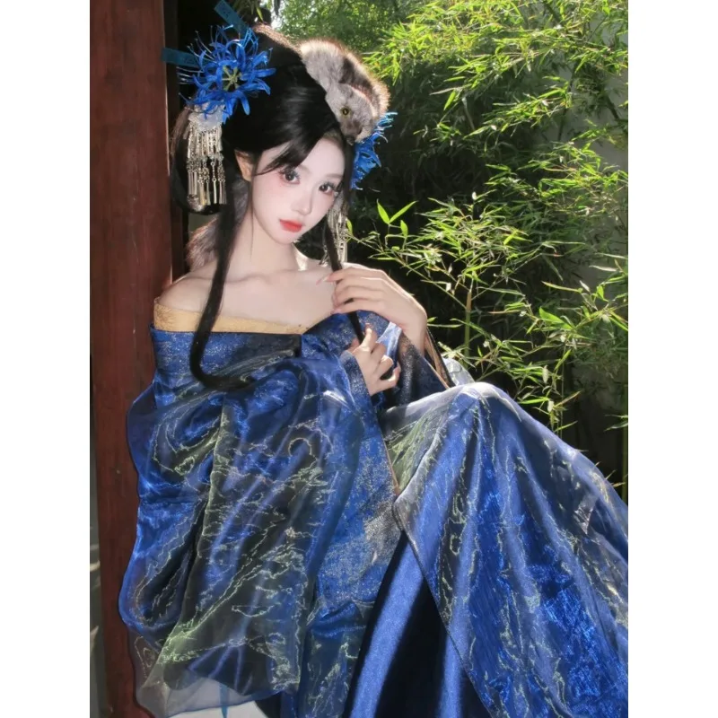 

2026 new blue Warring States robe Hanfu women's collar waist-length big sleeves are beautiful, fairy gas, national style retro