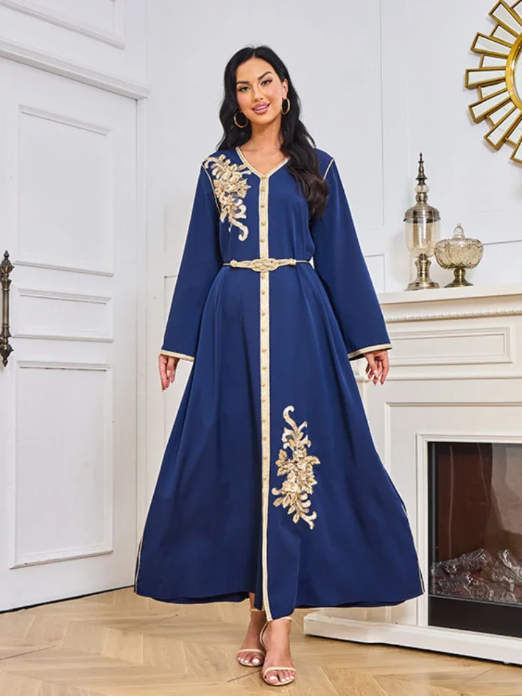 

Eid Muslim Long Dress Women Abaya Elegant Robe Belt Embroidery Flower Dresses Ramadan V Neck Kaftan Caftan Jalabiya Vestidos