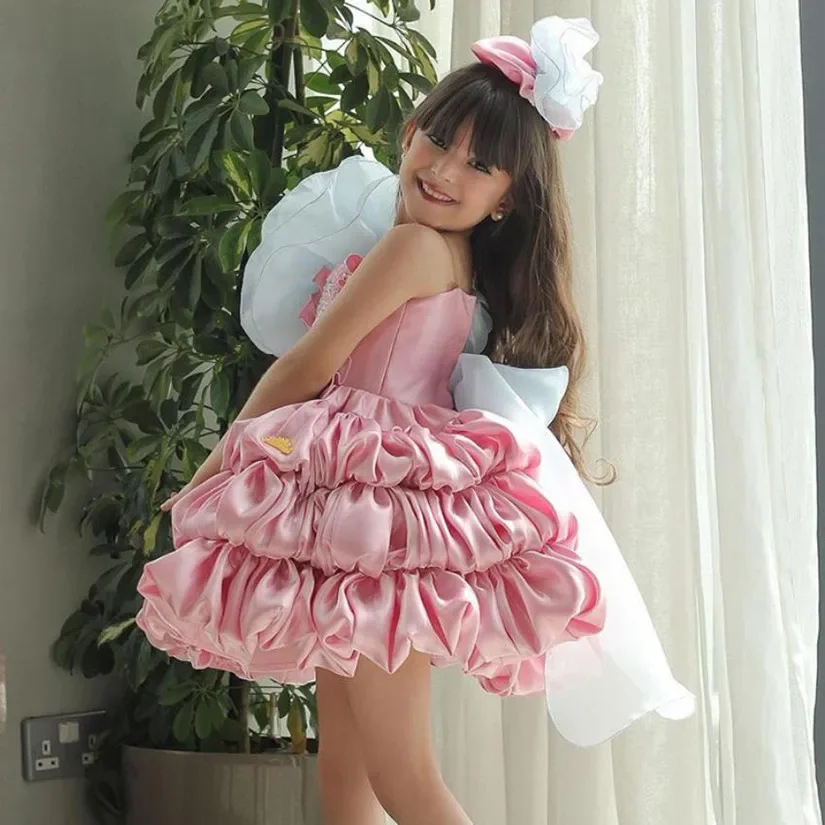 Children's Pink Puff Cake Dress Model Fashion Show Costume A4039 Vestidos Girl Lolita Princess Party Dress Summer Bow