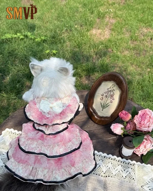 Pet Pink Gradient Lace Dress Cute Mesh Cake Layer Outfit for Cats and Dogs Party Wedding Costume for Small Pets Dog Costume