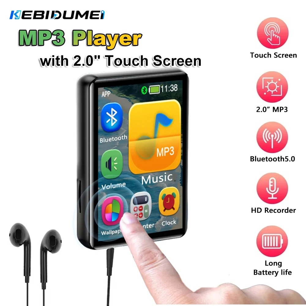 Reproductor MP3 KEBIDUMEI con Pantalla Táctil de 2.0'', Walkman Bluetooth para Reproducción de Música, Compatible con Fotos, Radio, Alarma, Video, Libro Electrónico y Grabadora