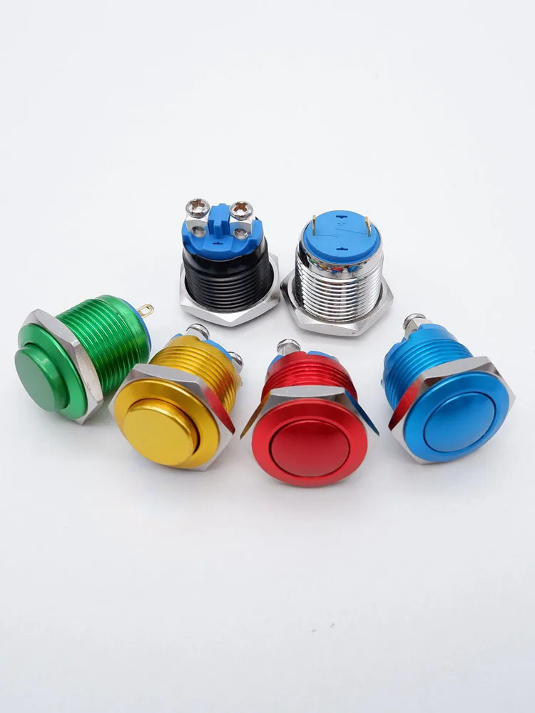 Interrupteur à bouton-poussoir en métal de 16mm, réinitialisation automatique, Terminal à vis momentané, Terminal à broche, klaxon, interrupteurs de sonnette, tête à bille plate et haute, bleu