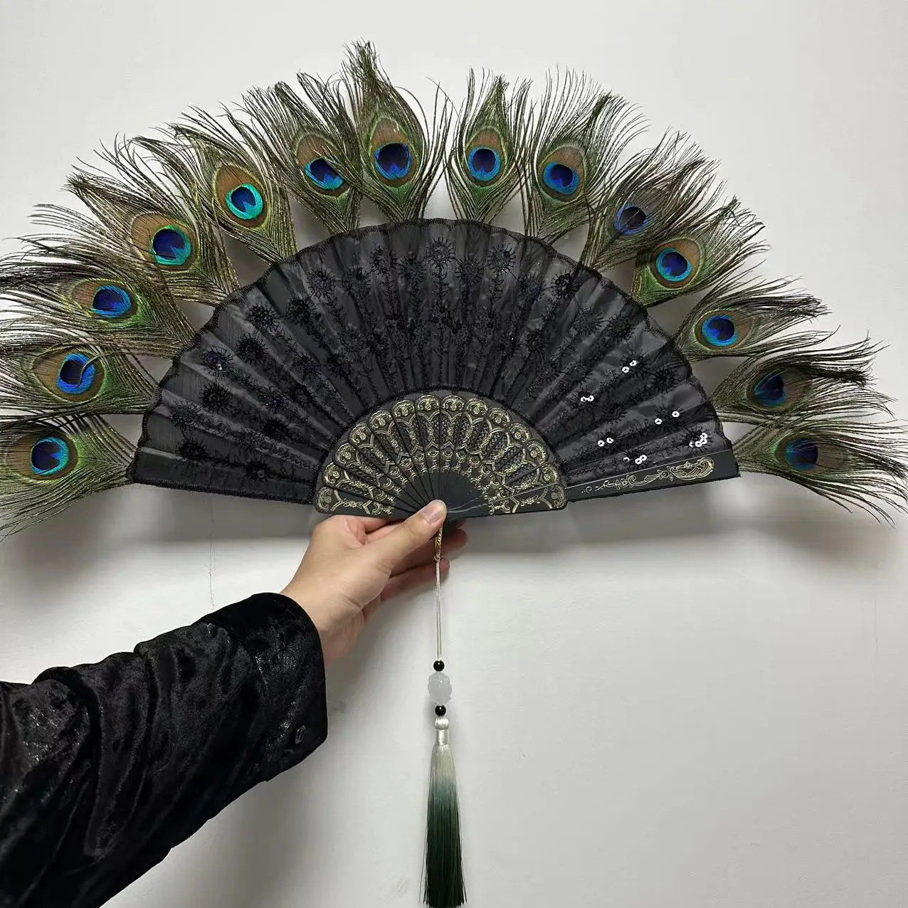 Embroidery Sequin Peacock Feather Folding Fan Lolita Dance Hand Fan with Pendant Gifts Wedding Party Decoration