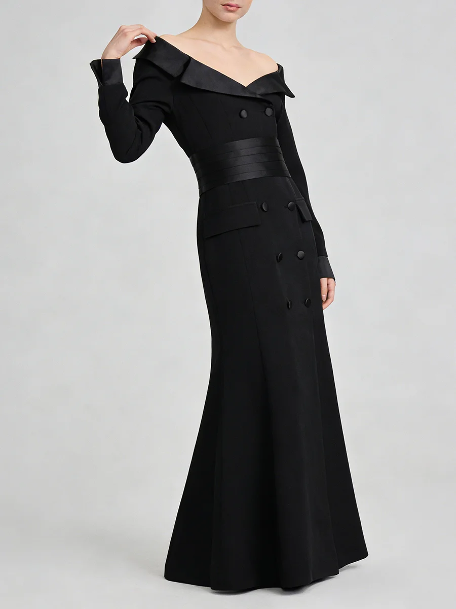 TWOTWINSTYLE Solid Spliced Buttons Vintage Long Dress for Women V Neck Long Sleeves Tunic Patchwork Strap Dresses Female Fashion