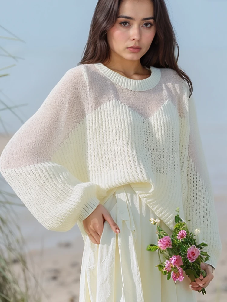 

Новая мода с длинным рукавом ажурные женские свитера пуловер с рукавами-фонариками вязаный свитер женская повседневная свободная зимняя одежда