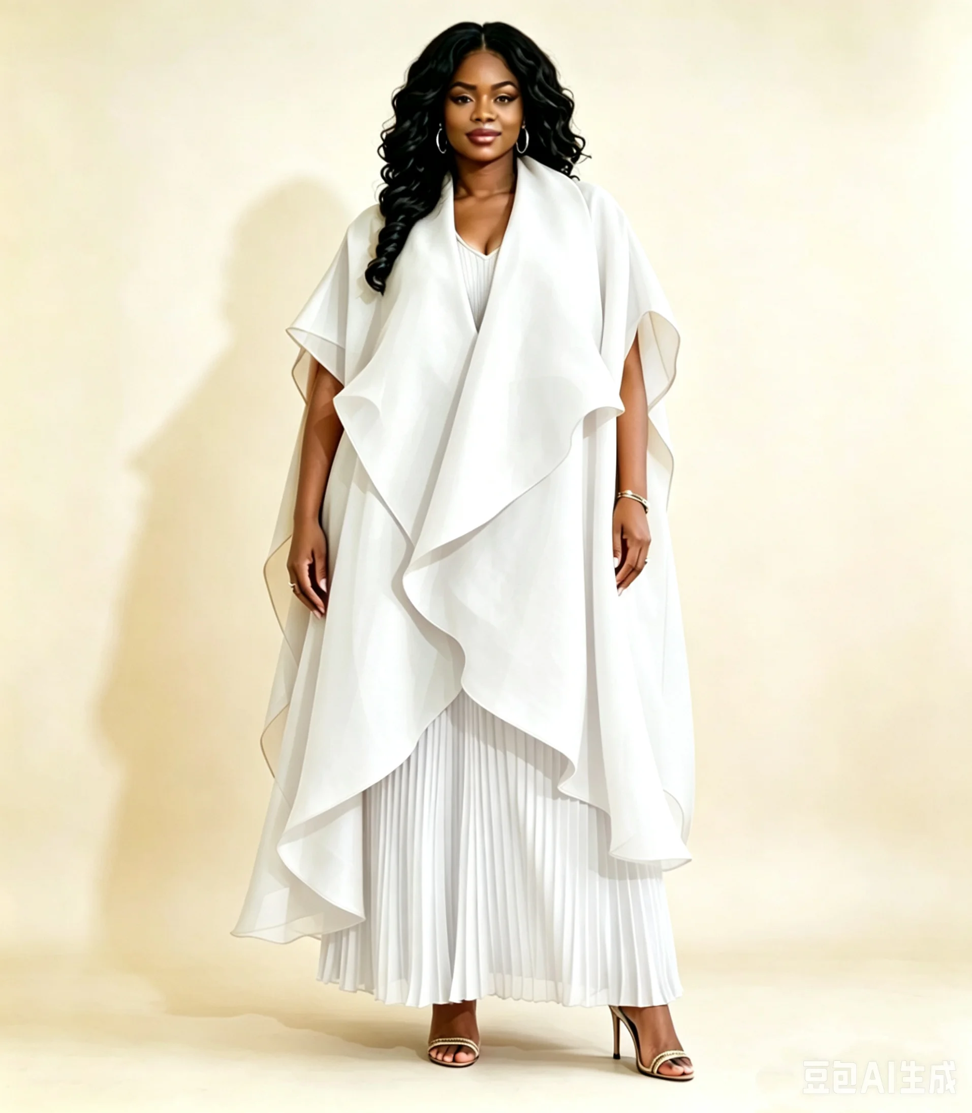 Übergrößen Damen 3-Teiliges Hosen-Set Elegantes Cape-Oberteil und Plissierte Hose Abend-Party-Outfit – Detail 2