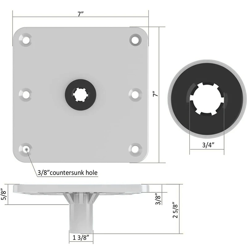 Heavy Duty Boat Seat Base, 7 X 7Inch Seat Pedestal W/ 3/4Inch Pin Post Socket White